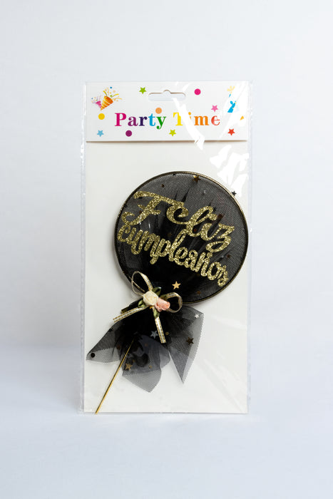 Adorno para pastel negro diseño "Feliz cumpleaños" con moño 1 pieza
