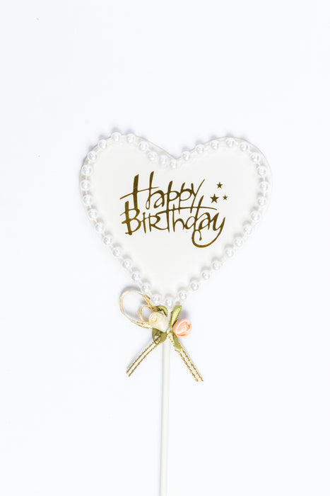 Adorno para pastel blanco diseño corazón con perlas Happy birthday 1 pieza