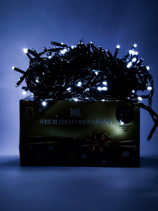 Serie de 300 luces led blancas con cable negro de 15 metros para decoracion de navidad