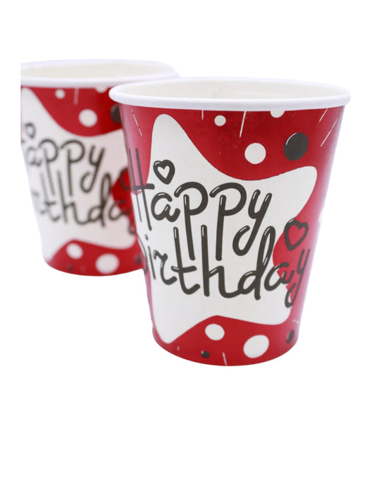 Paquete de vasos para fiesta de papel encerado en color rojo diseño de happy birthday de 10 piezas