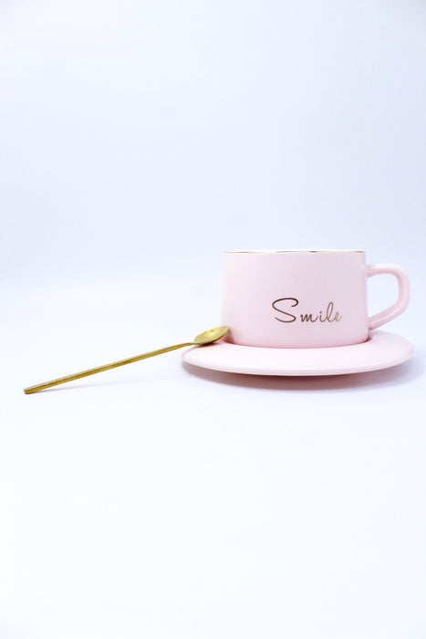 Taza de ceramica con plato y cuchara diseño smile colores varios para cafe