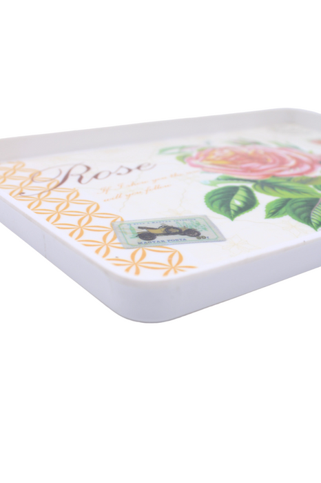 Charola de plastico color blanca rectangular con diseños variados para servicio de mesa