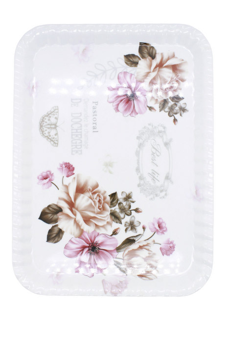 Charola rectangular de melamina color blanco con diseño best life e imágenes de flores