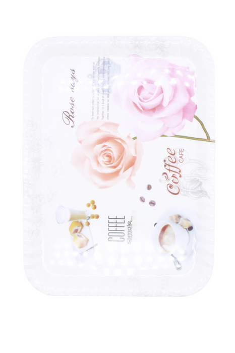 Charola rectangular de plastico color blanco con diseño de flores y tazas de cafe