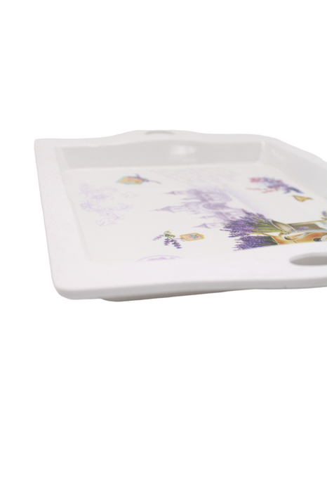 Charola rectangular de plástico con asas para fácil transporte y diseño de flores