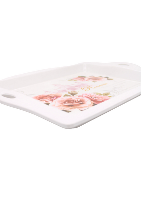 Charola rectangular de plástico con asas para fácil transporte y diseño de flores