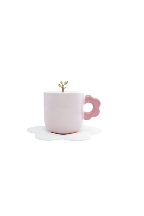 Taza de ceramica con plato y asa en forma de flor en colores varios ideal para cafe o te