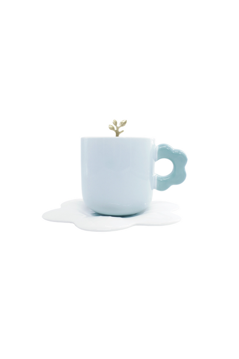 Taza de cerámica con plato y asa en forma de flor en colores varios ideal para café o té