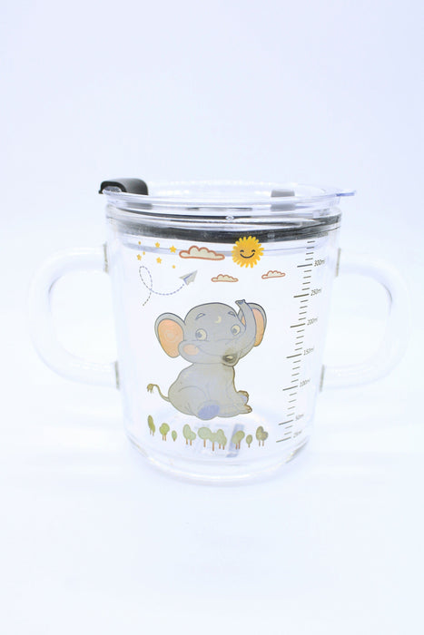 Taza de cristal con diseño infantil de elefante con tapa de acrilico ergonomica y popote.