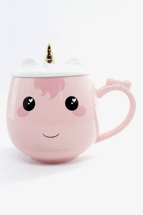 Taza de cerámica con tapa y cuchara con diseño de unicornio en colores varios acabado brillante