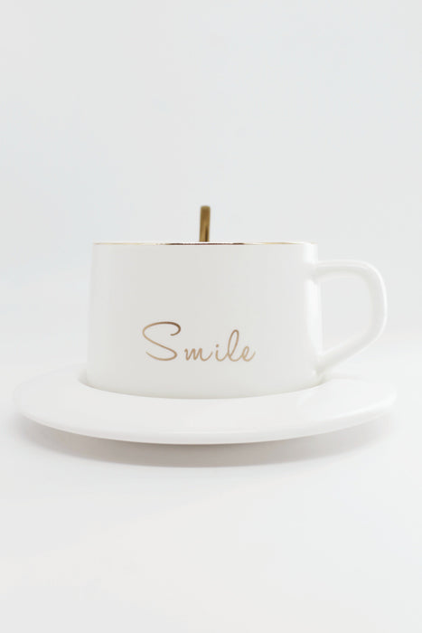 Taza de ceramica con plato y cuchara diseño smile colores varios para cafe