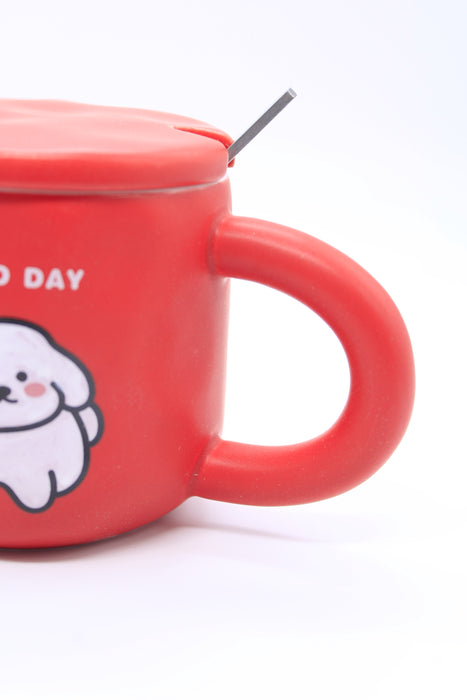 Taza de cerámica con tapa y cuchara diseño pequeños perros en colores varios