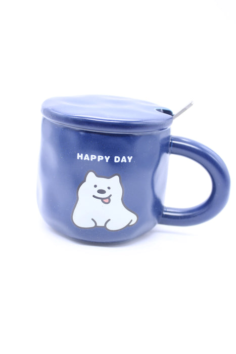 Taza de cerámica con tapa y cuchara diseño pequeños perros en colores varios