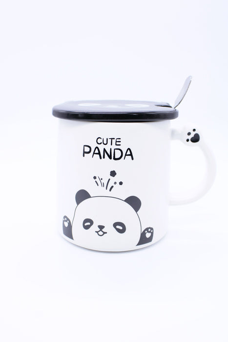 Taza de cerámica con tapa y cuchara figura de oso panda color blanco y negro