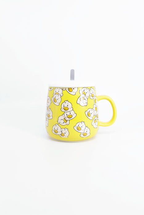 Taza de ceramica con tapa y cuchara en diseños y colores varios