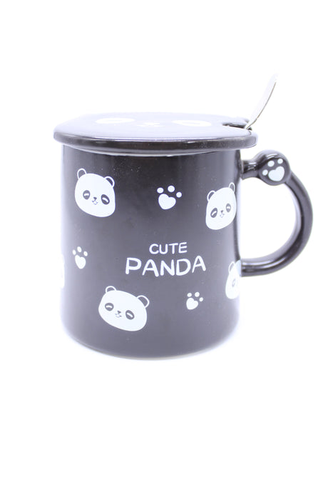 Taza de cerámica con tapa y cuchara figura de oso panda color blanco y negro