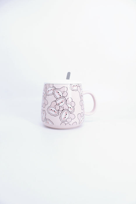 Taza de ceramica con tapa y cuchara en diseños y colores varios