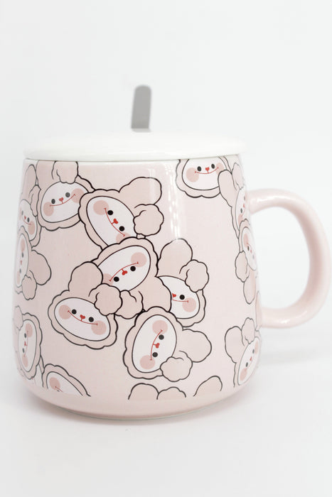 Taza de ceramica con tapa y cuchara en diseños y colores varios