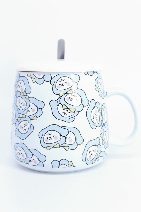 Taza de ceramica con tapa y cuchara en diseños y colores varios