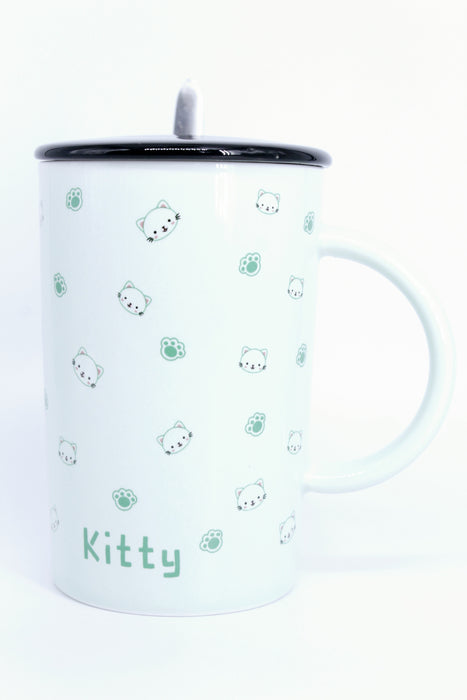 Taza de cerámica con diseño de gatitos en colores varios incluye tapa y cuchara