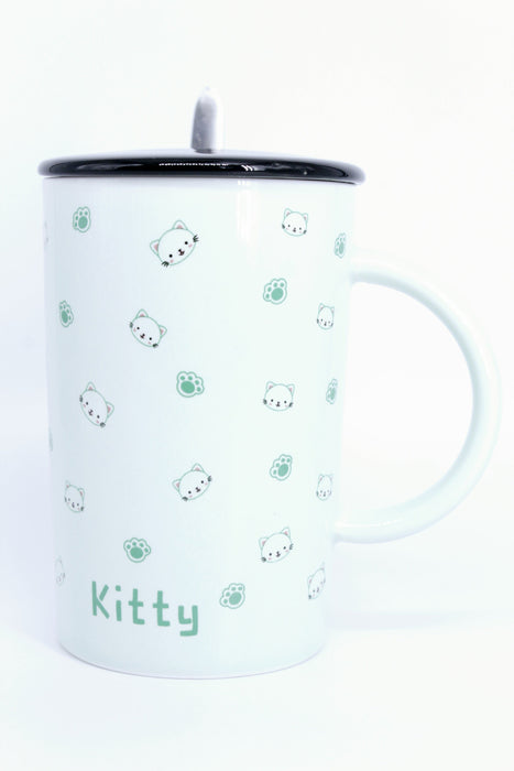 Taza de ceramica con diseño de gatitos en colores varios incluye tapa y cuchara