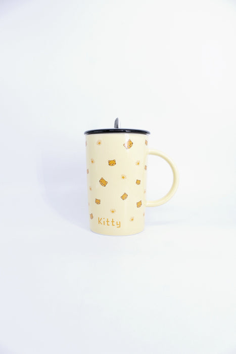 Taza de ceramica con diseño de gatitos en colores varios incluye tapa y cuchara