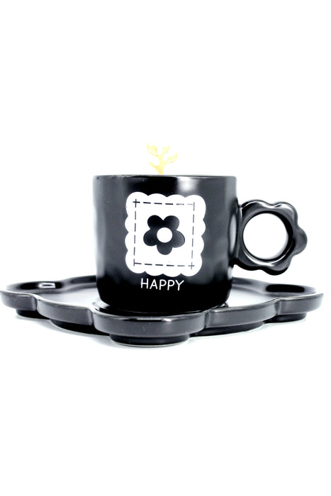 Taza de cerámica con asa tipo flor con plato y cuchara incluidos en color blanco o negro