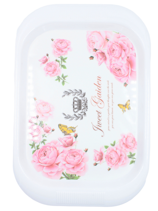 Charola blanca con forma rectangular para servicio de mesa color blanco con ilustracion de rosas