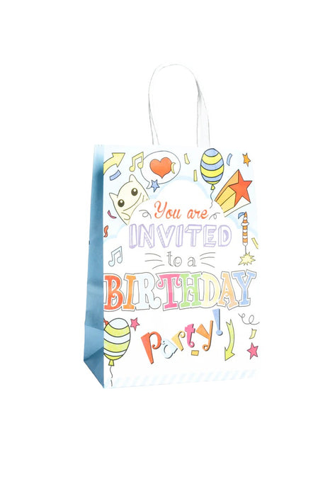 Paquete de bolsa para regalo con mensaje Happy Birthday diseño gran festejo. Colores varios. 12 piezas