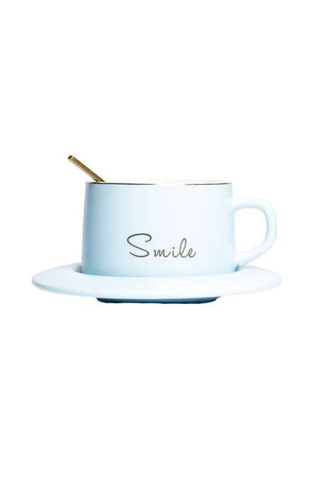 Taza de ceramica con plato y cuchara diseño smile colores varios para cafe