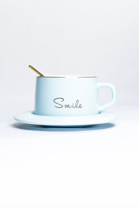 Taza de ceramica con plato y cuchara diseño smile colores varios para cafe