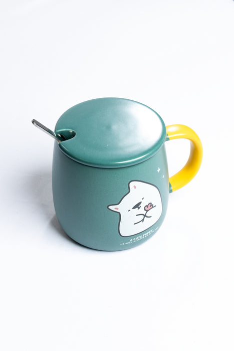 Taza de cerámica para café o té con tapa y cuchara incluidos diseño cachorro