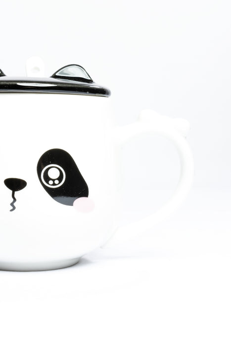 Taza de cerámica para café o té con tapa y cuchara incluidos diseño panda coqueto