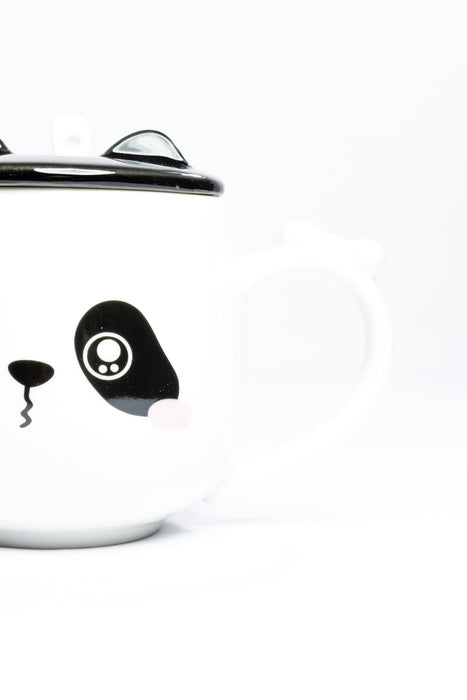 Taza de ceramica para cafe o te con tapa y cuchara incluidos diseño panda coqueto