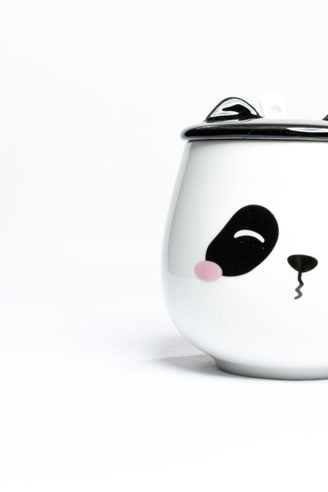 Taza de cerámica para café o té con tapa y cuchara incluidos diseño panda coqueto