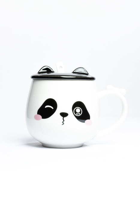 Taza de cerámica para café o té con tapa y cuchara incluidos diseño panda coqueto