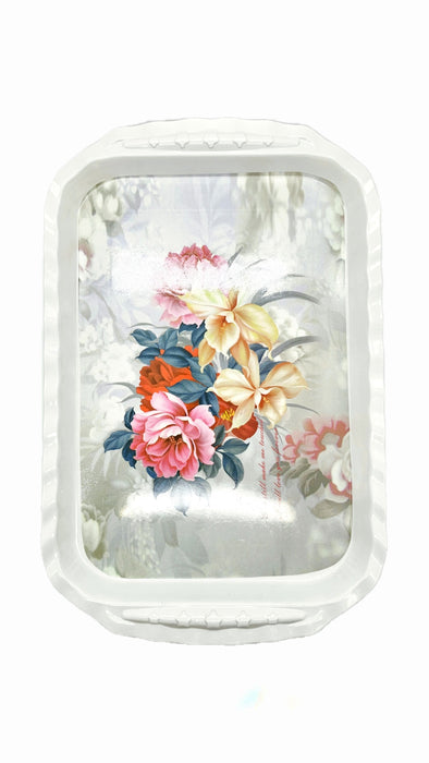 Charola rectangular de melamina para servicio de mesa con detalle en flores y diseños varios