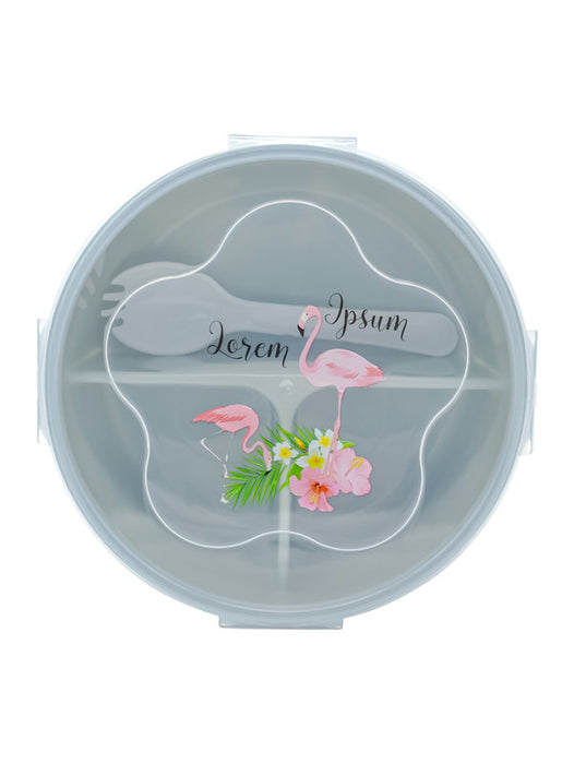 Topper circular con divisiones y diseño de flamingo que incluye tapa transparente y cuchara tenedor para comidas divertidas y organizadas