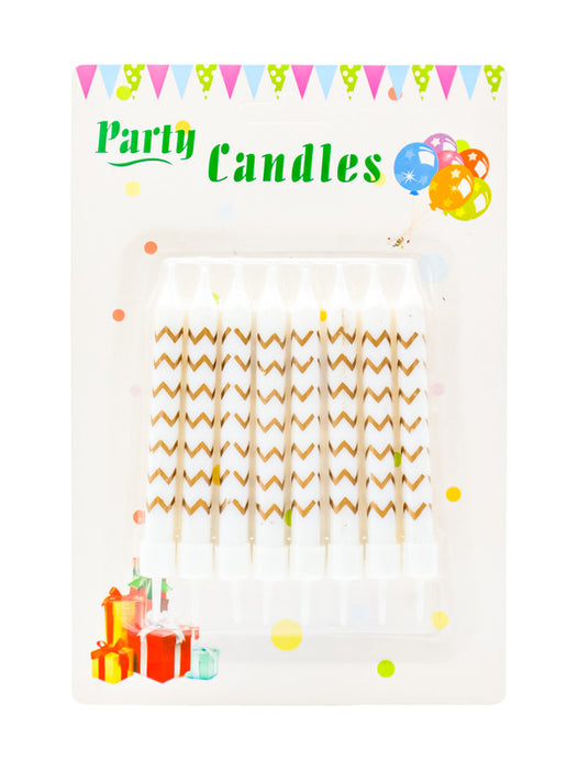 Paquete de 8 velas para pastel blancas con estampados dorados varios modelos