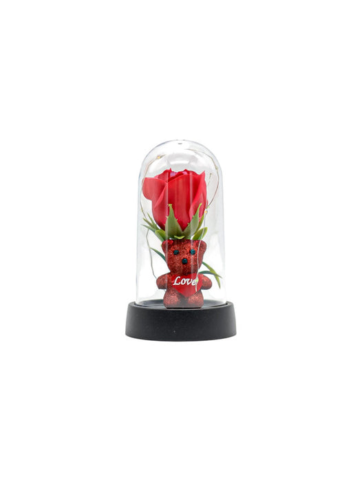 Rosa eterna y osito adorable en cupula con luz led en colores varios ideal para obsequiar