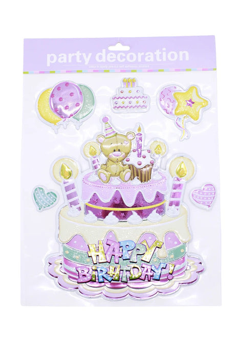 Set de pegatinas para celebracion de cumpleaños con diseño osito en pastel y frase happy birthday