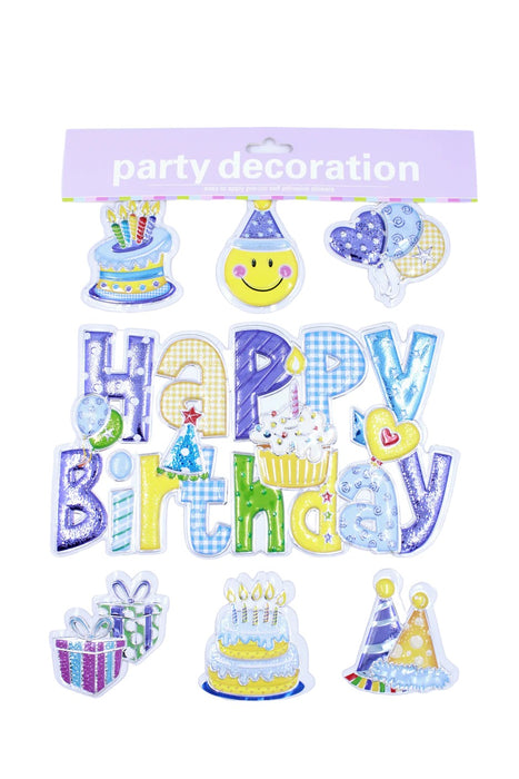 Set de pegatinas de cumpleaños con frase happy birthday y decoraciones festivas en plastico