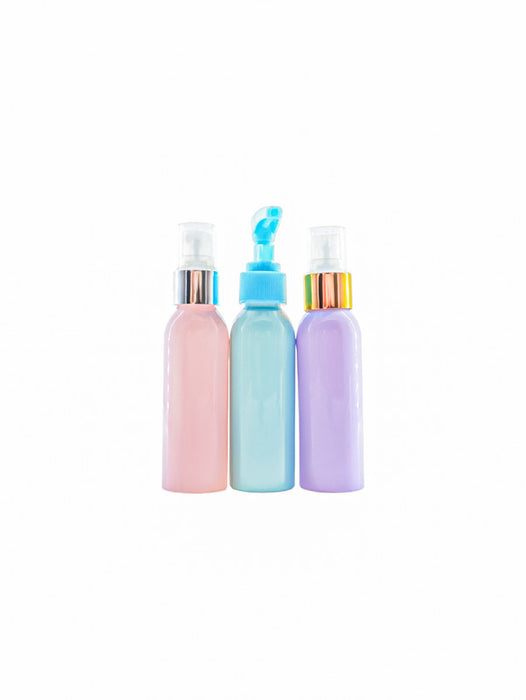 Kit de tres botellas de plastico con dispensadores varios para viajes en colores pastel