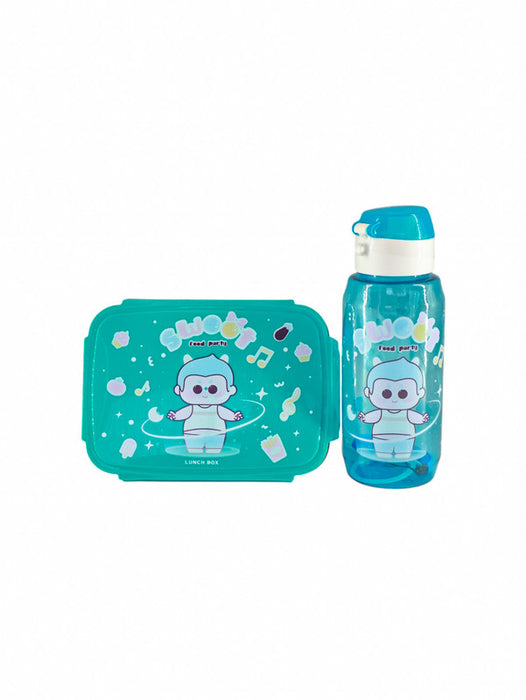 Set de lonchera y botella de plastico en colores varios con estampado adorable