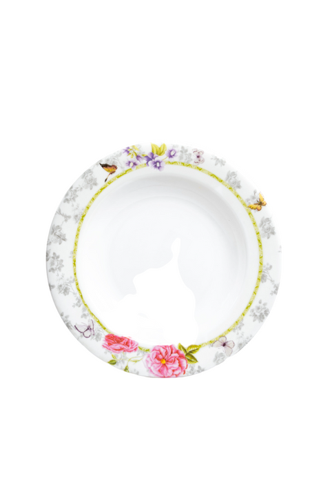 Plato de melamina con detalles de flores en la orilla y fondo blanco altamente resistente