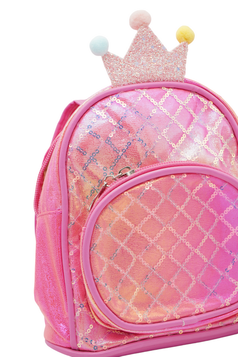 Mochila infantil con efecto tornasol con decoracion de corona en colores varios