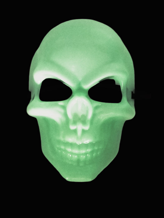 Máscara antifaz y mandíbula de  calavera en color verde fluorescente que brilla en la oscuridad diseños varios