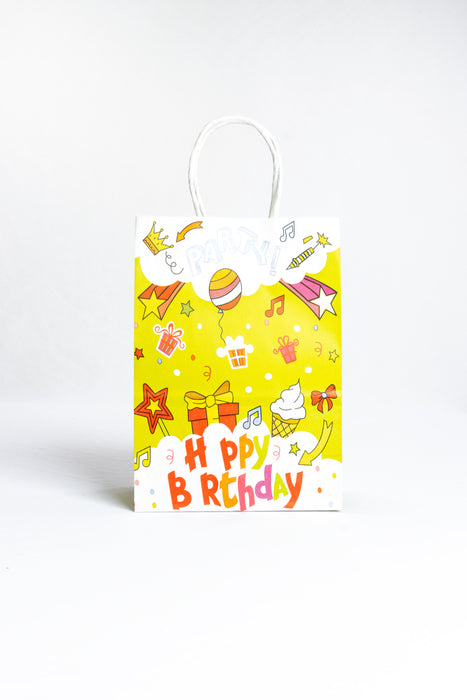 Paquete de bolsas para regalo amarilla diseño happy birthday asas de alta resistencia