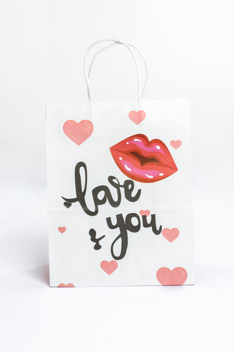 Paquete de bolsas para regalo blanca diseño beso y mensaje  love you 12 piezas