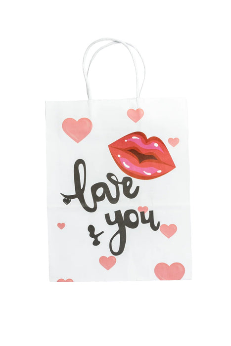 Paquete de bolsas para regalo blanca diseño beso y mensaje  love you 12 piezas